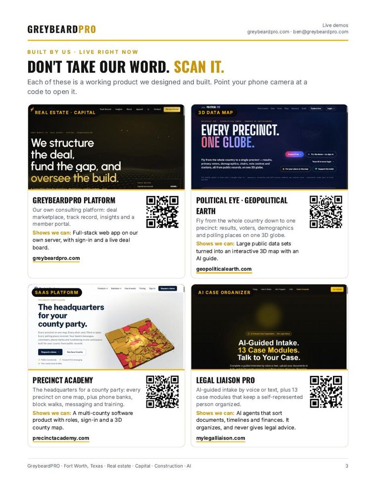 Page 3 of the guide: live demos with screenshots and QR codes